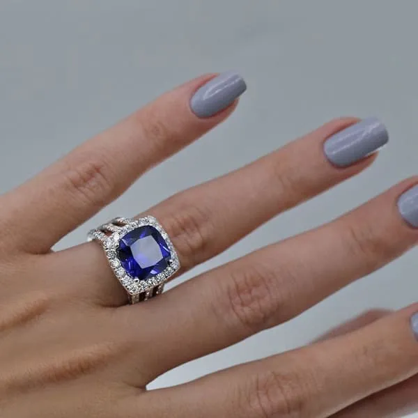 Rings Diamond Source NYC Diffused Blue Sapphire Cushion Cut Diamond Engagement Ring Set in 18K White Gold 850ct tw