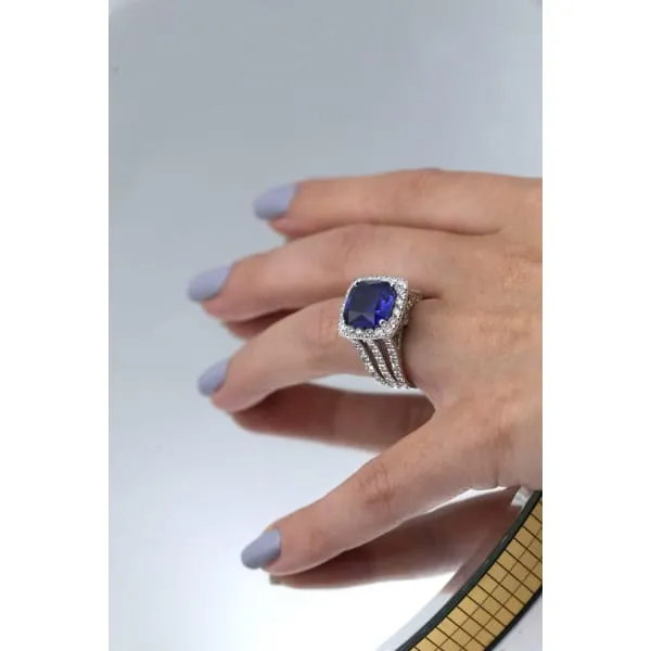 Rings Diamond Source NYC Diffused Blue Sapphire Cushion Cut Diamond Engagement Ring Set in 18K White Gold 850ct tw
