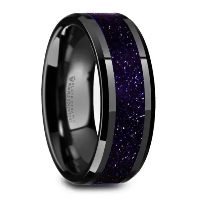 Rings Mens Bands Black Ceramic 8mm Band with Purple Goldstone Inlay