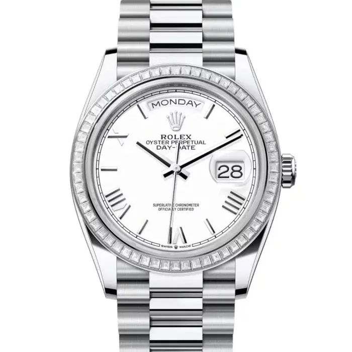 Rolex Bracelets 2024 Release Rolex DayDate 36 mm Platinum President bracelet White dial Diamond bezel Mens Watch 128396TBR