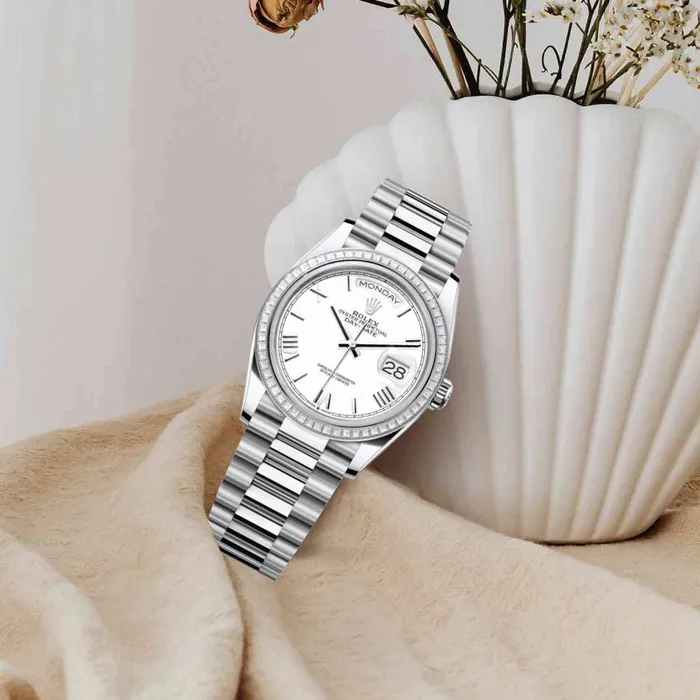 Rolex Bracelets 2024 Release Rolex DayDate 36 mm Platinum President bracelet White dial Diamond bezel Mens Watch 128396TBR