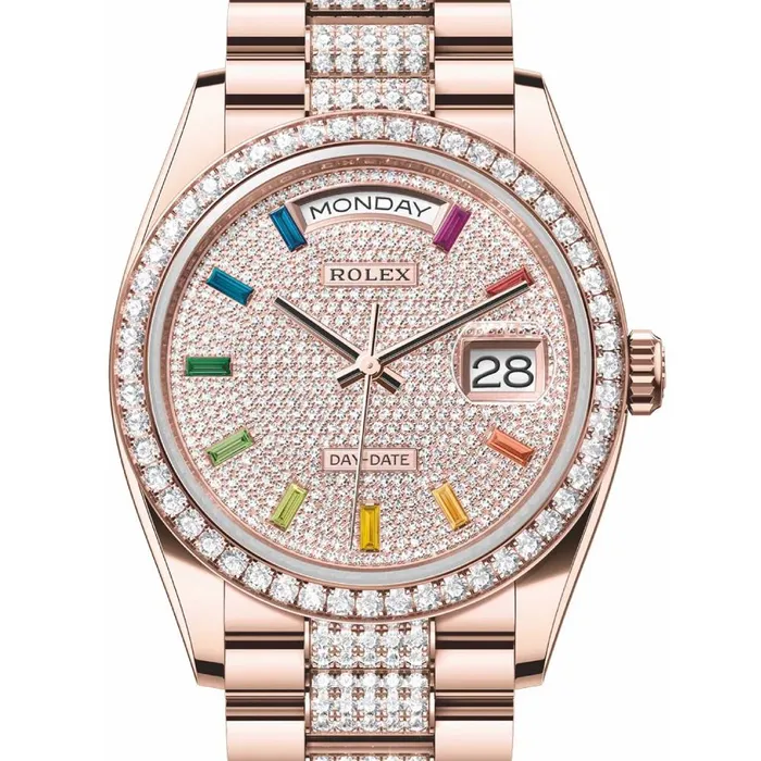 Rolex Bracelets Rolex Day Date 36mm Ref 128345rbr0043 Pave Rainbow Diamond Dial Diamond Bezel 18K Rose Gold Diamonds President Bracelet Watch
