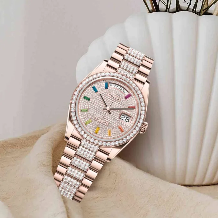 Rolex Bracelets Rolex Day Date 36mm Ref 128345rbr0043 Pave Rainbow Diamond Dial Diamond Bezel 18K Rose Gold Diamonds President Bracelet Watch