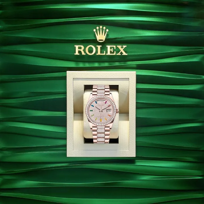 Rolex Bracelets Rolex Day Date 36mm Ref 128345rbr0043 Pave Rainbow Diamond Dial Diamond Bezel 18K Rose Gold Diamonds President Bracelet Watch