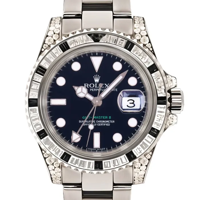 Rolex Bracelets Rolex GMTMaster II 40mm Ref 116759SANR Black Dial Diamond Sapphire Bezel Diamond Case 18K White Gold Oyster Bracelet Mens Watch