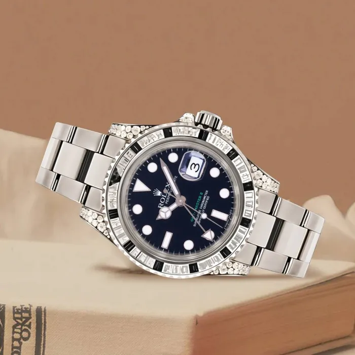 Rolex Bracelets Rolex GMTMaster II 40mm Ref 116759SANR Black Dial Diamond Sapphire Bezel Diamond Case 18K White Gold Oyster Bracelet Mens Watch