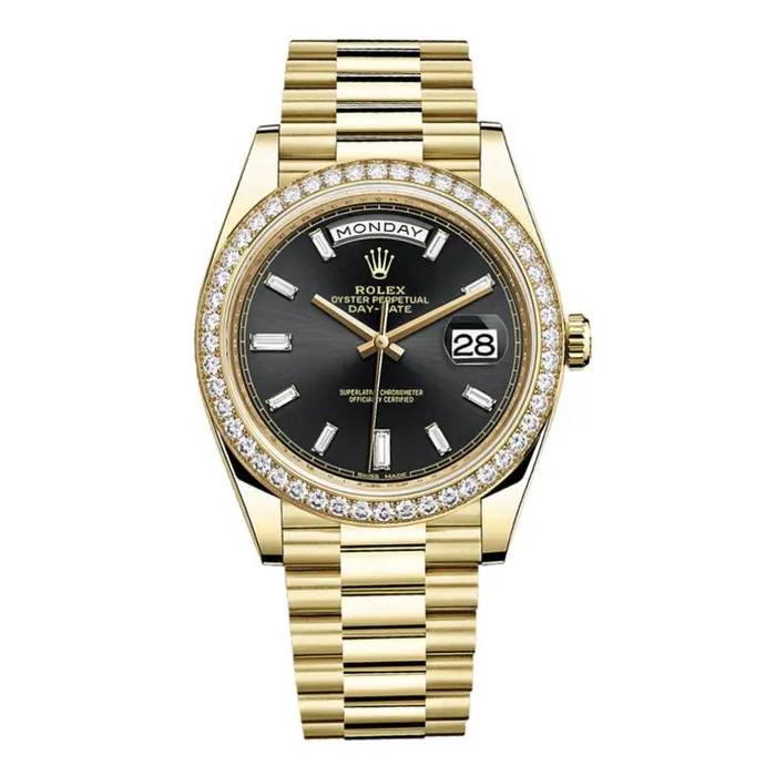 Rolex Day Date 40mm Ref 228348rbr0001 Black Stick Dial Diamond Bezel 18K Yellow Gold President Bracelet Mens Watch Rolex Bracelets Rolex Day Date 40mm Ref 228348rbr0001 Black Stick Dial Diamond Bezel 18K Yellow Gold President Bracelet Mens Watch Rolex Bracelets