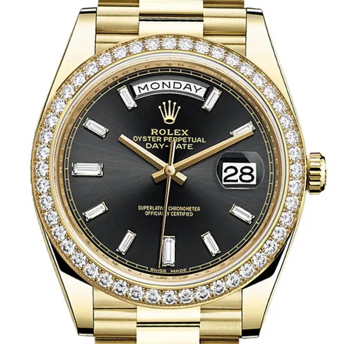 Rolex Day Date 40mm Ref 228348rbr0001 Black Stick Dial Diamond Bezel 18K Yellow Gold President Bracelet Mens Watch Rolex Bracelets