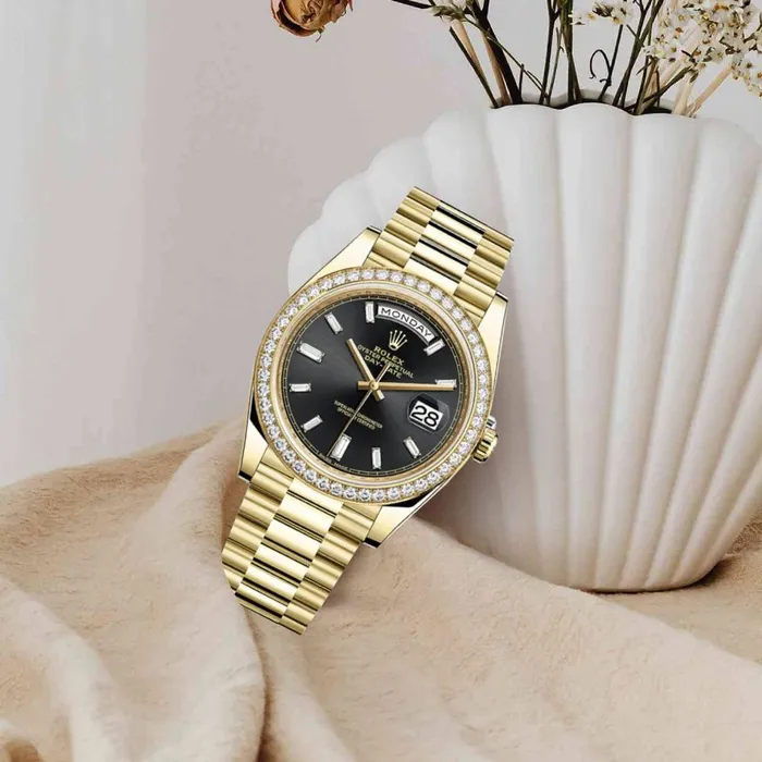 Rolex Day Date 40mm Ref 228348rbr0001 Black Stick Dial Diamond Bezel 18K Yellow Gold President Bracelet Mens Watch Rolex Bracelets