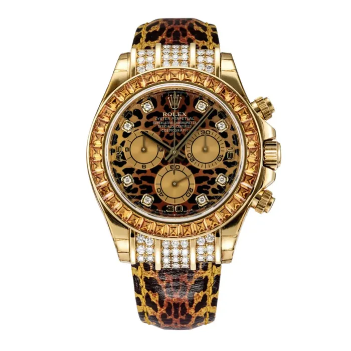 Rolex Watches Rolex Cosmograph Daytona Leopard 40mm Ref 116598 Leopard Diamond Dial Orange Sapphire Bezel 18K Yellow Gold Leopard Print Leather Strap Watch Rolex Watches Rolex Cosmograph Daytona Leopard 40mm Ref 116598 Leopard Diamond Dial Orange Sapphire Bezel 18K Yellow Gold Leopard Print Leather Strap Watch
