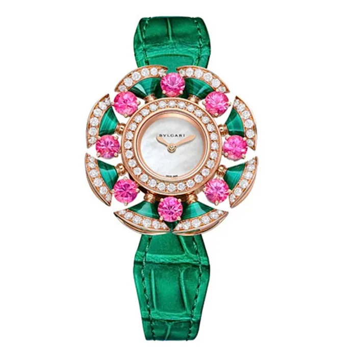Watches Bulgari Divas Dream 33mm Watch Ref 103636 MOP Dial in 18K Rose Gold Case Diamond Bezel Green Alligator Leather Bulgari Watches Bulgari Divas Dream 33mm Watch Ref 103636 MOP Dial in 18K Rose Gold Case Diamond Bezel Green Alligator Leather Bulgari