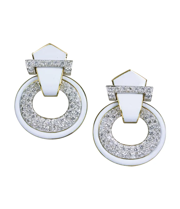 David Webb Workshop Earrings Doorknocker Earrings White Enamel