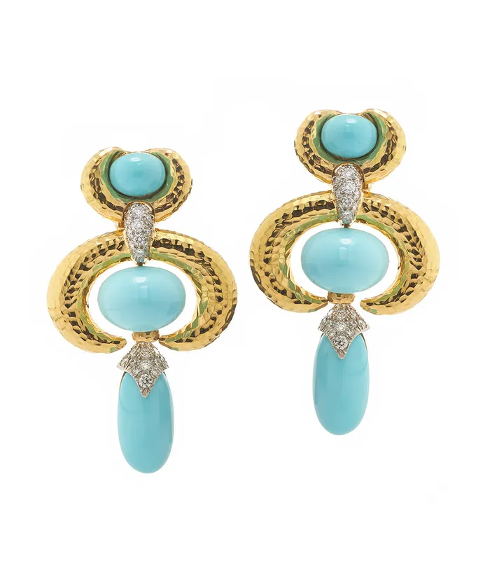 David Webb Workshop Earrings Double Crescent Pear Drop Earrings Turquoise