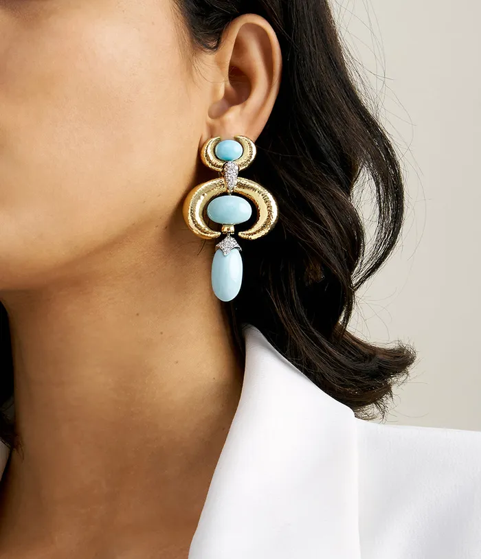David Webb Workshop Earrings Double Crescent Pear Drop Earrings Turquoise