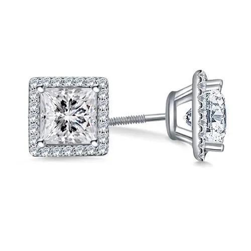 Earrings GB 25 Ct Princess Halo Natural Earth Mined Diamond Stud Earring 14K White Gold Earrings GB 25 Ct Princess Halo Natural Earth Mined Diamond Stud Earring 14K White Gold