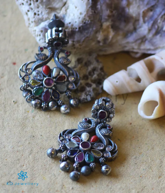 Earrings Silversmith The Vansh Silver Navratna Peacock Earrings Oxidised