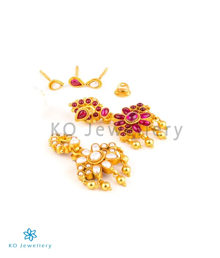 Earrings The Dvaita Silver Kempu Reversible EarringsRedPearl Silversmith