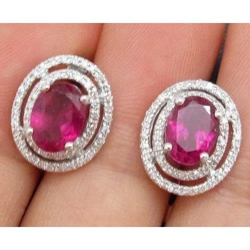 GB Earrings 1222 Carats Tourmaline And Natural Earth Mined Diamond Halo Stud Earrings White Gold 14K GB Earrings 1222 Carats Tourmaline And Natural Earth Mined Diamond Halo Stud Earrings White Gold 14K