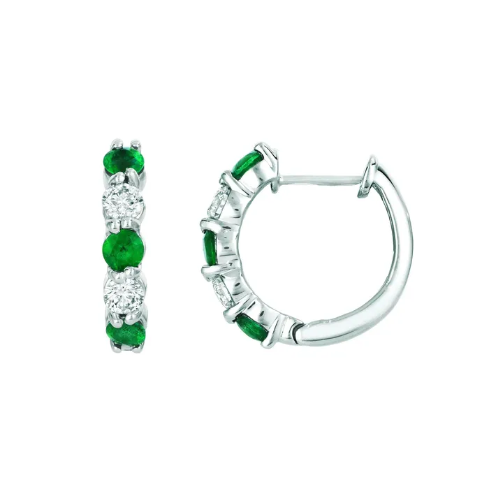 GB Earrings Green Emerald And Natural Earth Mined Diamond Hoop Earrings 1 Carat 14K White Gold GB Earrings Green Emerald And Natural Earth Mined Diamond Hoop Earrings 1 Carat 14K White Gold