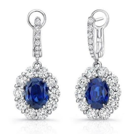 GB Earrings Ladies Dangle Earrings 6 Carats Sapphire And Natural Earth Mined Diamonds White Gold