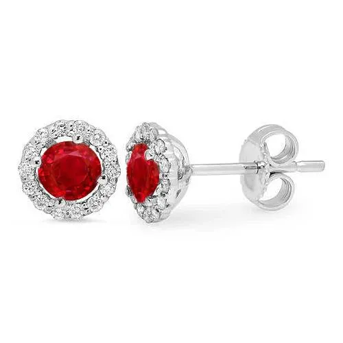 GB Earrings Round Cut Red Ruby Halo Natural Earth Mined Diamond Stud Earring 240 Ct White Gold 14K GB Earrings Round Cut Red Ruby Halo Natural Earth Mined Diamond Stud Earring 240 Ct White Gold 14K