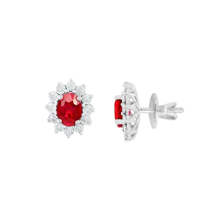 GB Flower Style Studs Earrings 5 Ct Ruby And Natural Earth Mined Diamonds White Gold 14K Earrings GB Flower Style Studs Earrings 5 Ct Ruby And Natural Earth Mined Diamonds White Gold 14K Earrings
