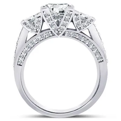 GB Princess Round Natural Earth Mined Diamond 3 Carat 3 Stone Style Engagement Ring Rings