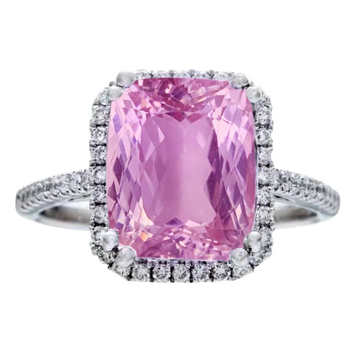 GB Rings 3450 Ct Cushion Kunzite With Round Natural Earth Mined Diamonds Ring White Gold 14K GB Rings 3450 Ct Cushion Kunzite With Round Natural Earth Mined Diamonds Ring White Gold 14K