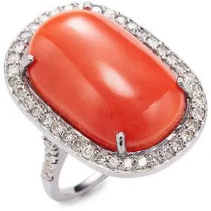 GB Rings Prong Set 14 Carats Oval Red Coral With Round Natural Earth Mined Diamond Ring GB Rings Prong Set 14 Carats Oval Red Coral With Round Natural Earth Mined Diamond Ring