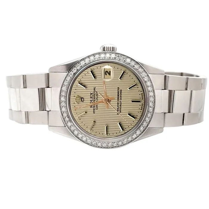 GB Watches Champange Stick Dial Rolex Date Just Watch Diamond Bezel Ss Oyster