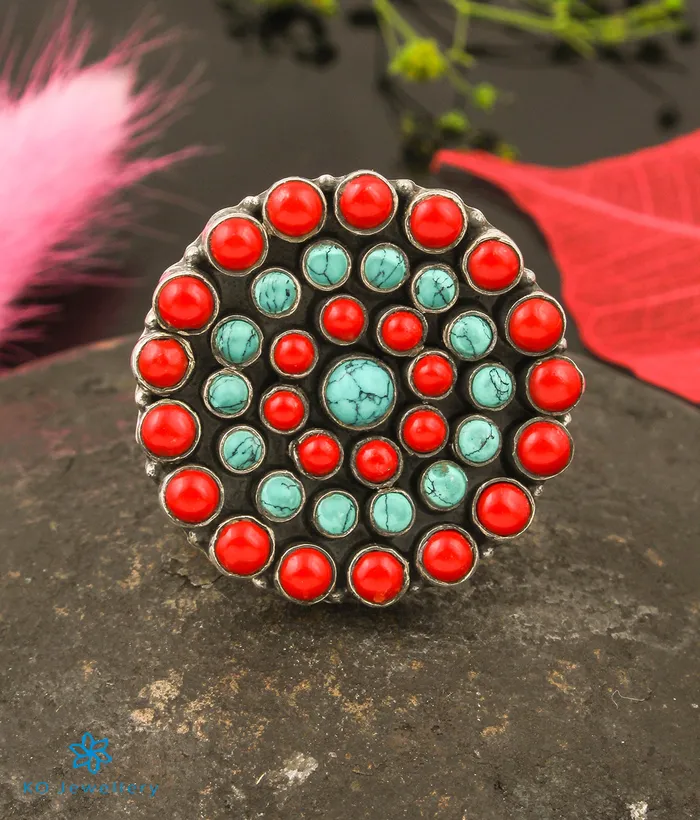 Gemstone The Amrita Silver Gemstone Cocktail FingerringCoralTurquoise Rings