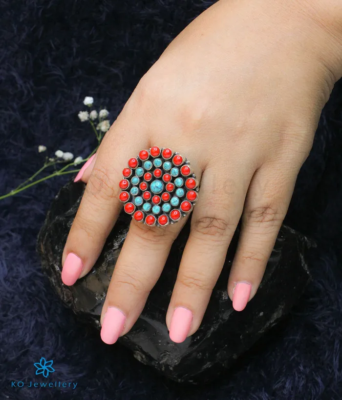 Gemstone The Amrita Silver Gemstone Cocktail FingerringCoralTurquoise Rings