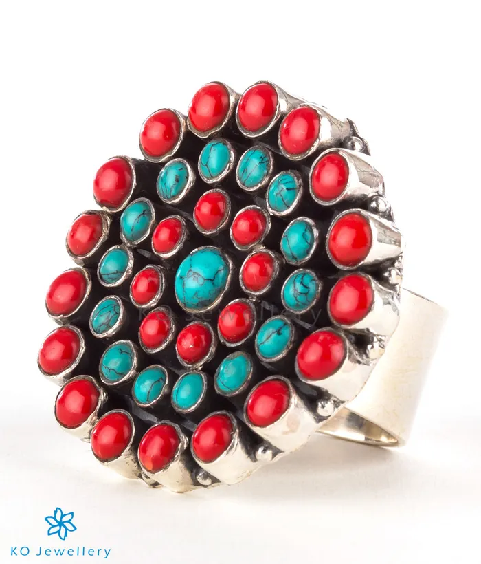 Gemstone The Amrita Silver Gemstone Cocktail FingerringCoralTurquoise Rings