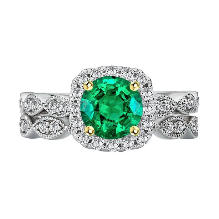 Genuine Green Emerald Diamond Ring Set Halo Milgrain Style HarryChadEntcom Rings Genuine Green Emerald Diamond Ring Set Halo Milgrain Style HarryChadEntcom Rings