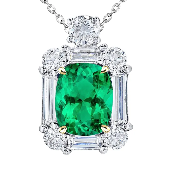 HarryChadEntcom Necklaces Huge Green Emerald Pendant Necklace With Baguette Round Diamonds HarryChadEntcom Necklaces Huge Green Emerald Pendant Necklace With Baguette Round Diamonds