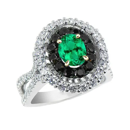 HarryChadEntcom Rings Green Emerald Oval Gemstone Ring Halo Black Diamonds HarryChadEntcom Rings Green Emerald Oval Gemstone Ring Halo Black Diamonds