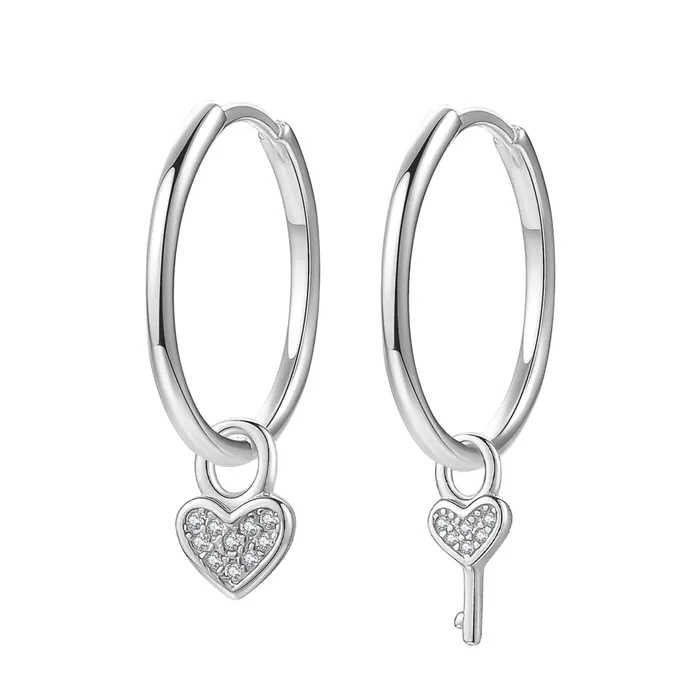 Heart and Key Charm Hoop Earrings Sterling Silver Hey Happiness Earrings