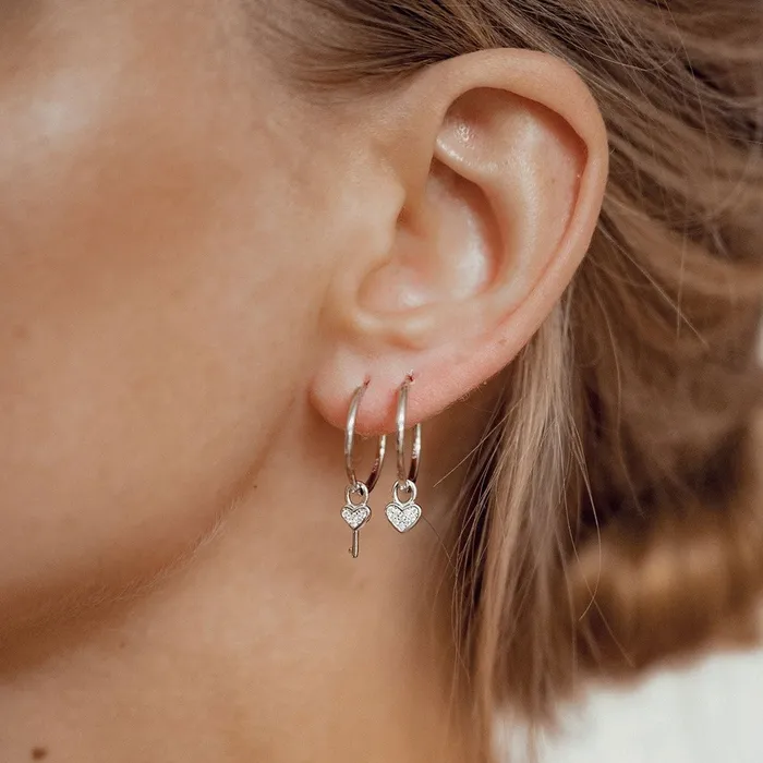 Heart and Key Charm Hoop Earrings Sterling Silver Hey Happiness Earrings Heart and Key Charm Hoop Earrings Sterling Silver Hey Happiness Earrings