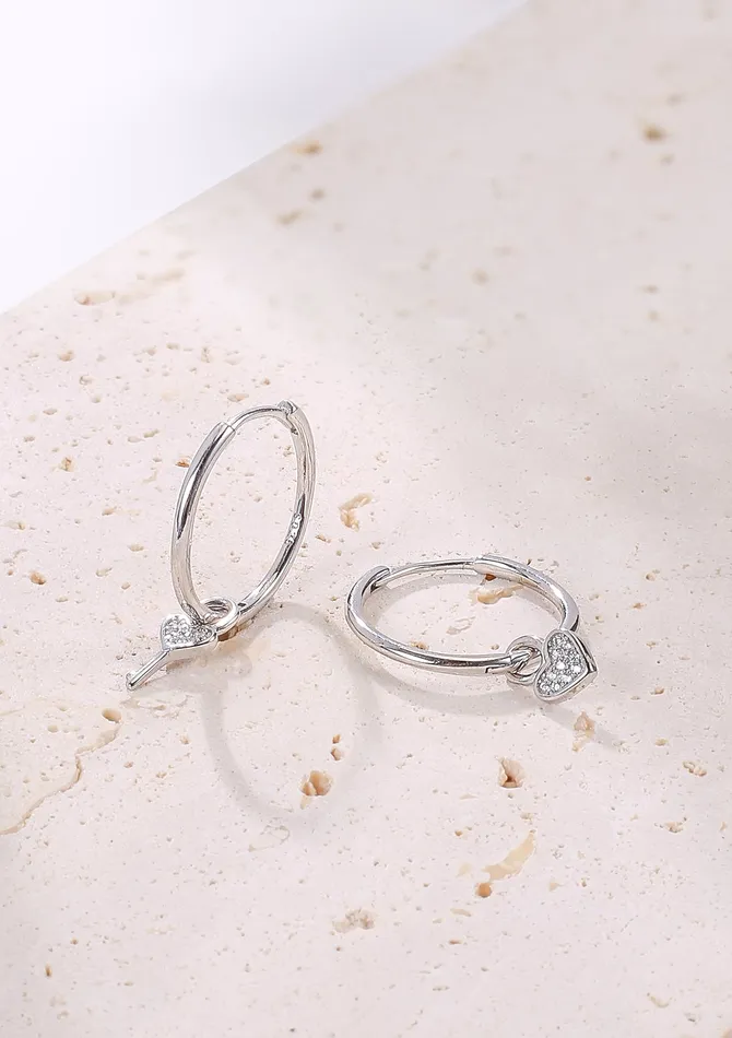 Heart and Key Charm Hoop Earrings Sterling Silver Hey Happiness Earrings Heart and Key Charm Hoop Earrings Sterling Silver Hey Happiness Earrings