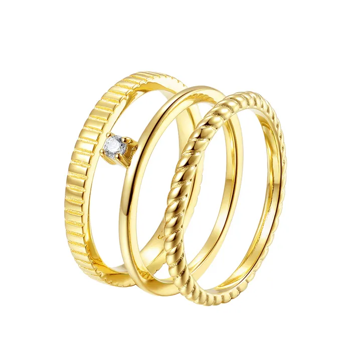 Hey Happiness Rings Triple Textured Ring Set Sterling Silver Gold