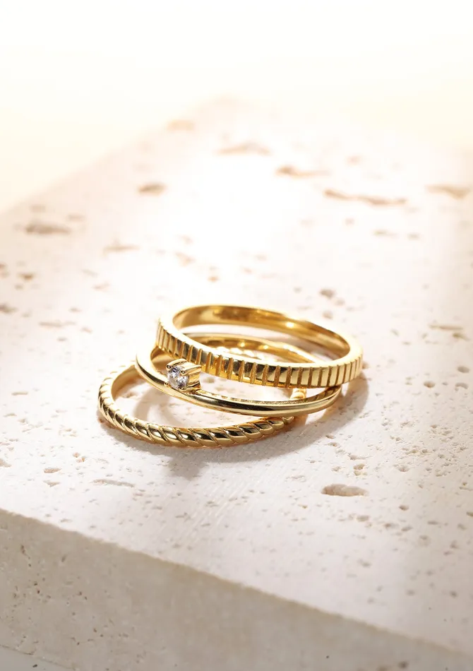 Hey Happiness Rings Triple Textured Ring Set Sterling Silver Gold