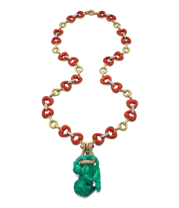 Necklaces David Webb Jade Gourd Pendant and Coral Necklace