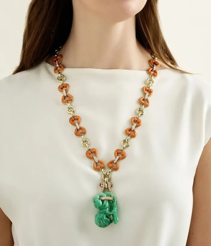 Necklaces David Webb Jade Gourd Pendant and Coral Necklace Necklaces David Webb Jade Gourd Pendant and Coral Necklace