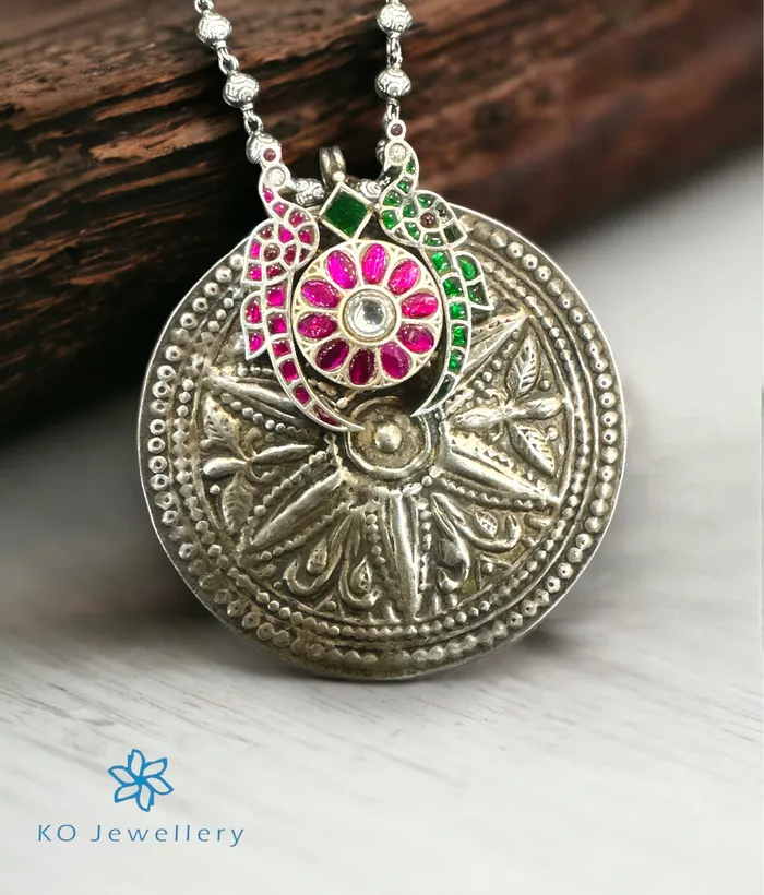 Necklaces Jaipur The Kailash Silver Antique Peacock Kundan Necklace