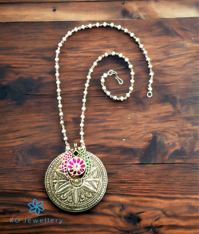 Necklaces Jaipur The Kailash Silver Antique Peacock Kundan Necklace