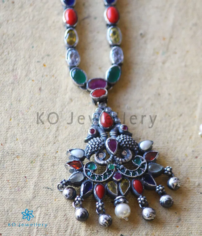 Necklaces The Sraj Silver Navratna Necklace Oxidised Silversmith