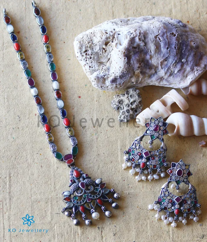 Necklaces The Sraj Silver Navratna Necklace Oxidised Silversmith