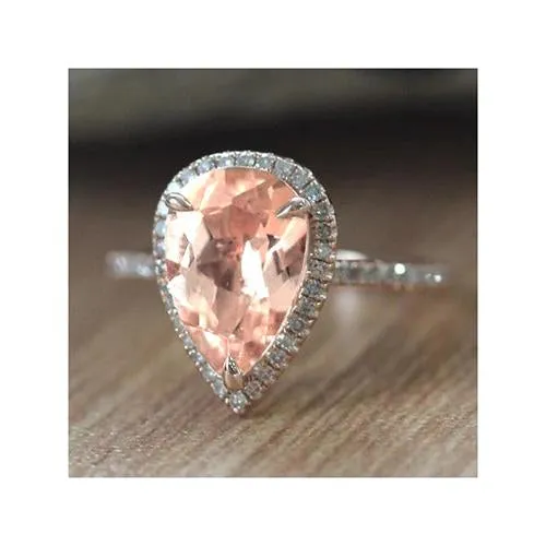 Rings GB 1250 Ct Pear Morganite With Natural Earth Mined Diamonds Wedding Ring 14K White Gold Rings GB 1250 Ct Pear Morganite With Natural Earth Mined Diamonds Wedding Ring 14K White Gold