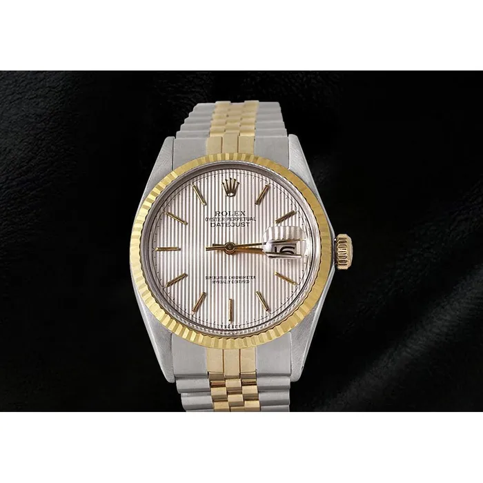 Rings GB Rolex Mens Watch Ivory Stick Dial Datejust Two Tone Gold And Ss QUICK SET