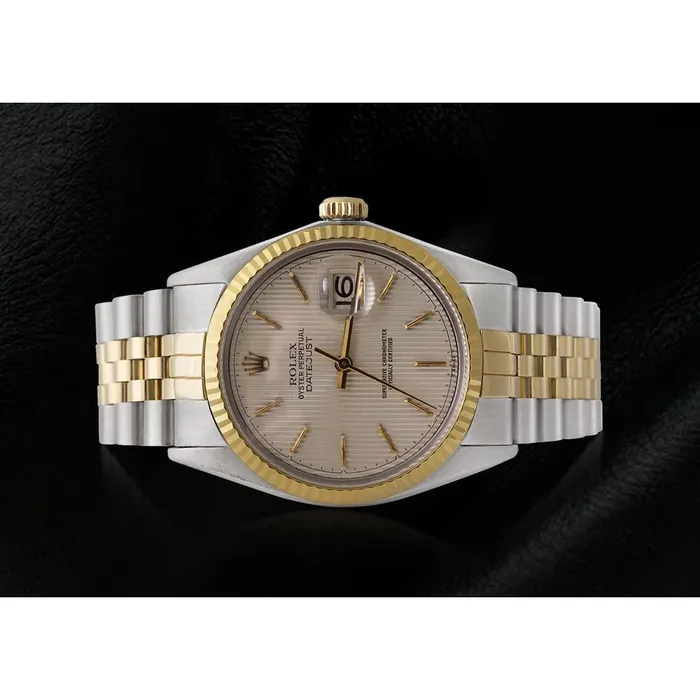 Rings GB Rolex Mens Watch Ivory Stick Dial Datejust Two Tone Gold And Ss QUICK SET